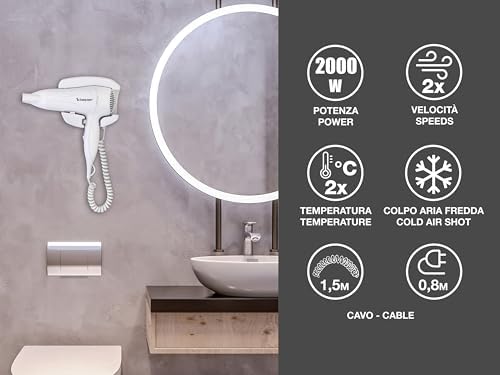  BEPER Wall Hair Dryer 2000 W - Perfetto per la tua casa
| BEPER Wall Hair Dryer 2000 W - Cable Lungo 2 Metri
| BEPER Wa