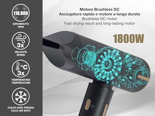  BEPER P301ASC010 Aspiratore per i capelli brushless 1800W, 3 velocità, temperature selezionabili, indicatore LCD della 